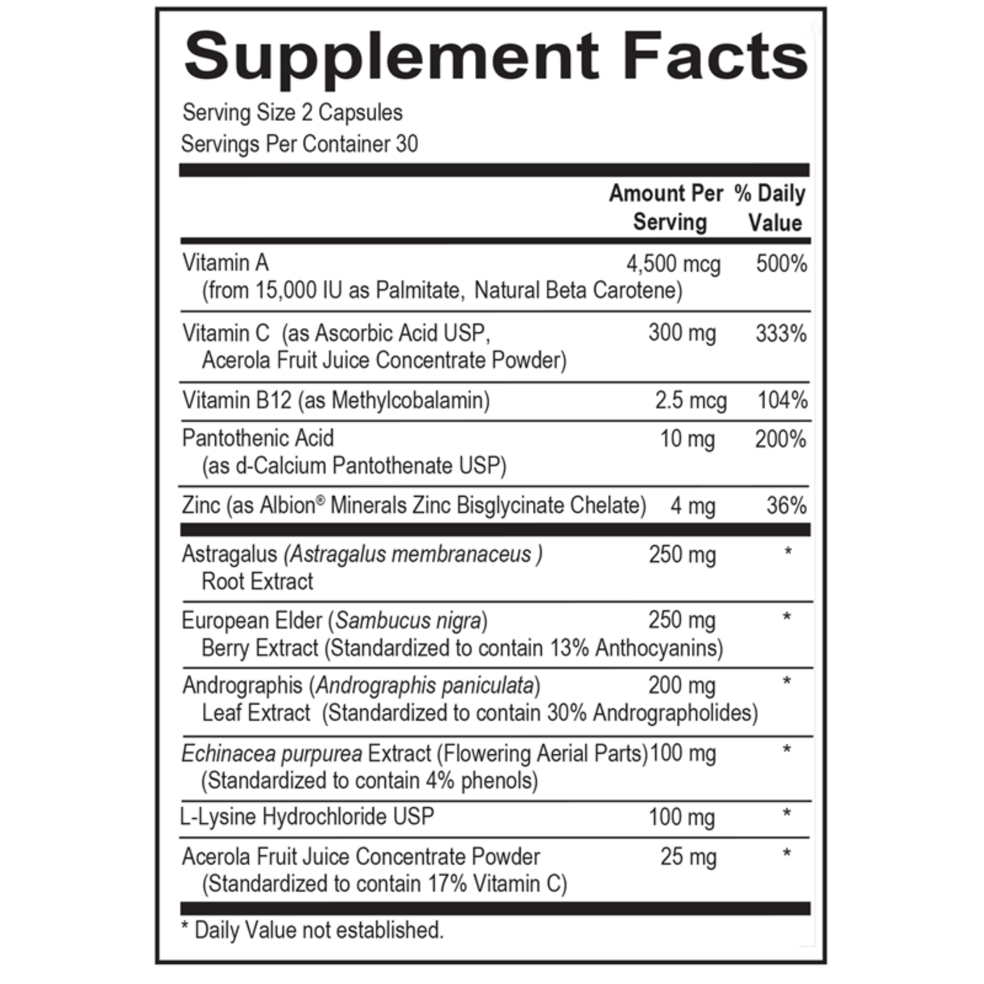 Supplement facts for Immune Support Pro, featuring key ingredients like vitamin C, zinc, and herbal extracts to strengthen the immune system and promote overall health.