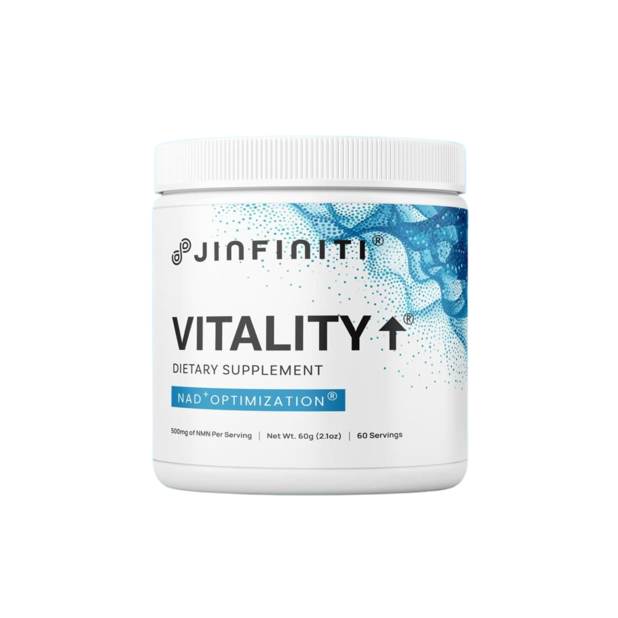 Jinfiniti Vitality Booster 60 grams powder, a supplement designed to enhance energy, vitality, and overall wellness.