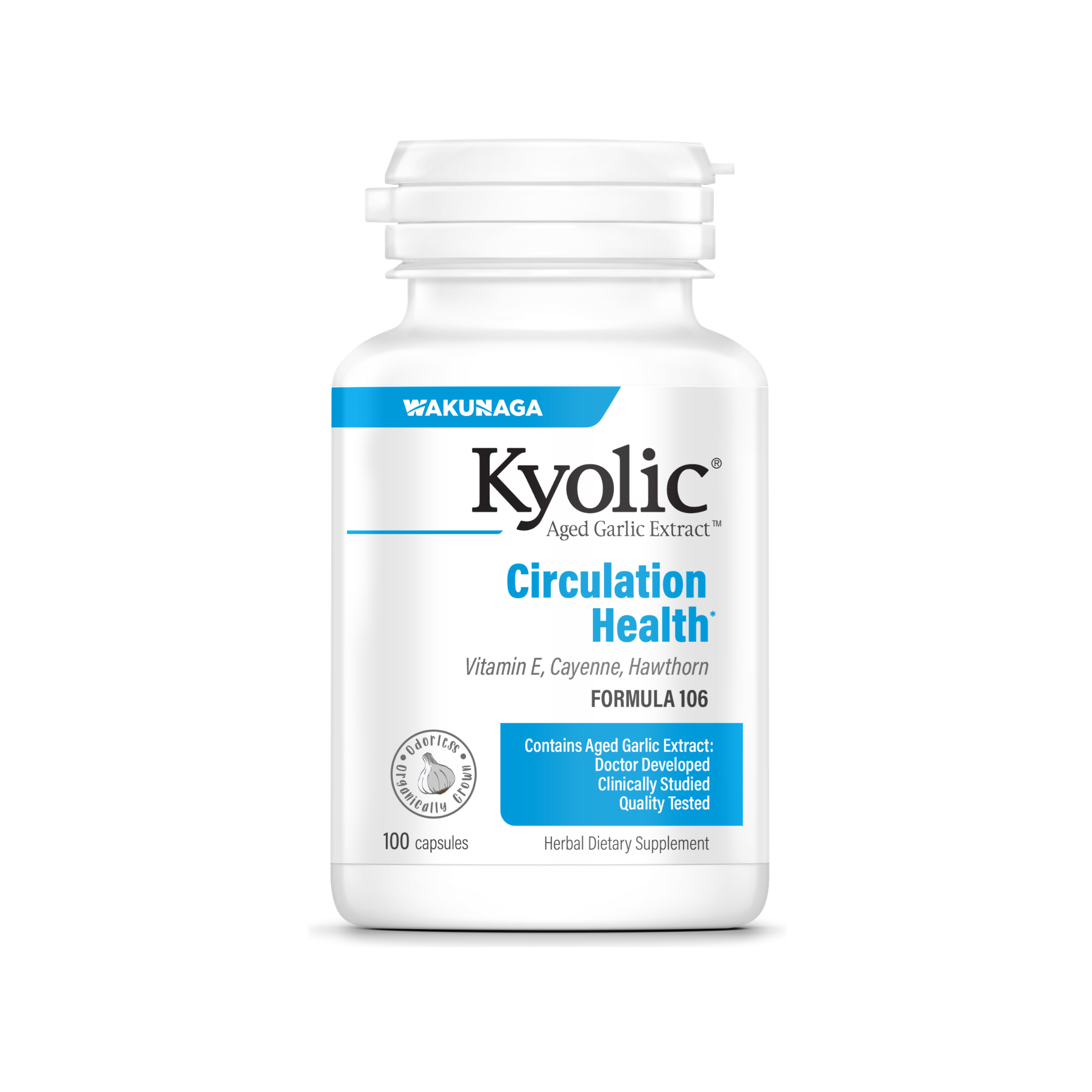 Kyolic Aged Garlic Extract supplement bottle – odorless organic garlic with Vitamin E, Cayenne, and Hawthorn for heart health and circulation support
