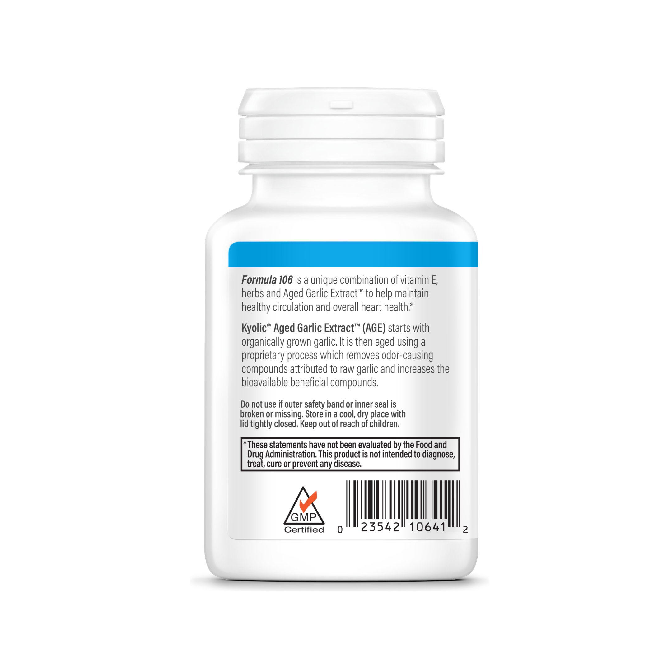 Kyolic Aged Garlic Extract supplement bottle – odorless organic garlic with Vitamin E, Cayenne, and Hawthorn for heart health and circulation support