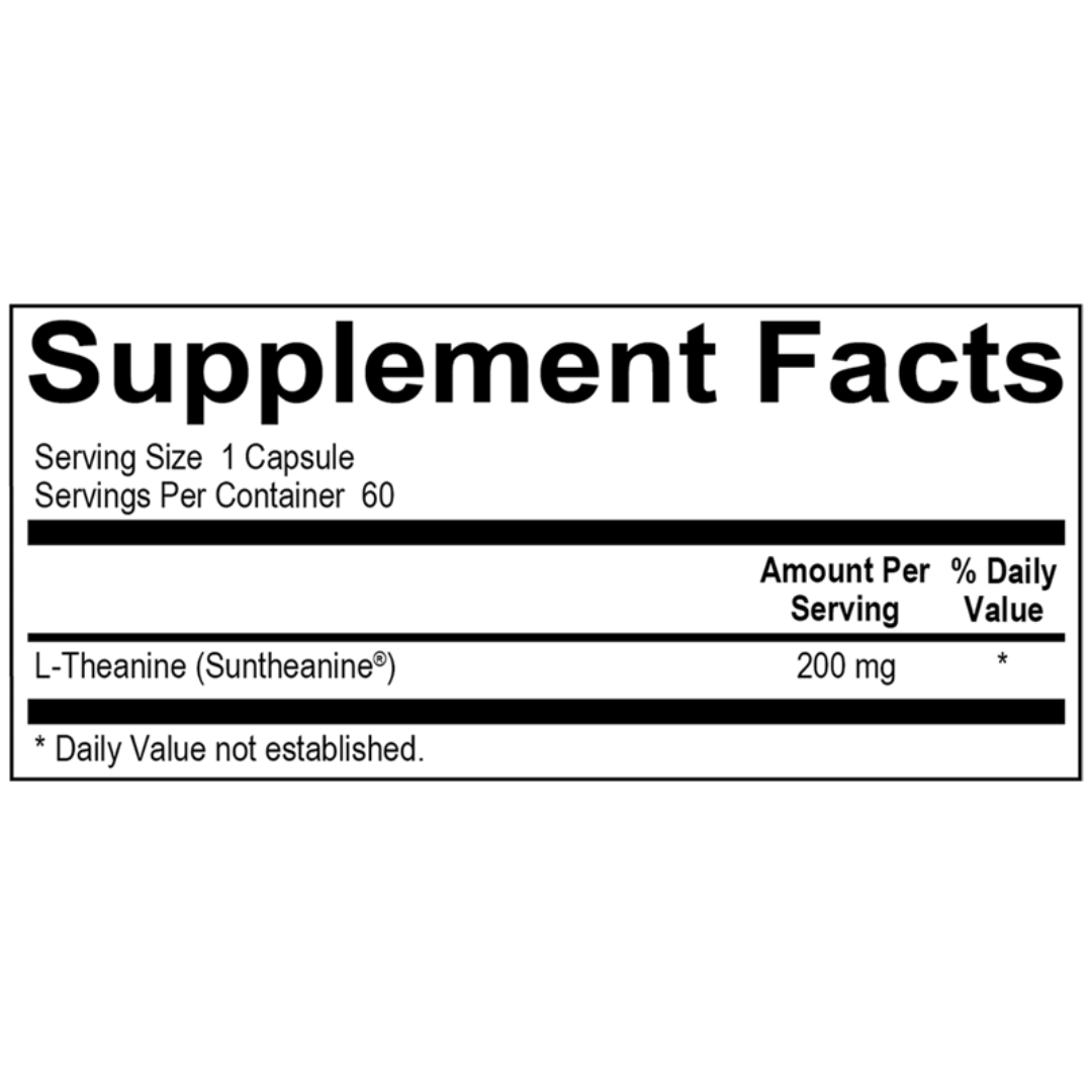 Supplement facts for L-Theanine Pro, a supplement for calmness and cognitive support.