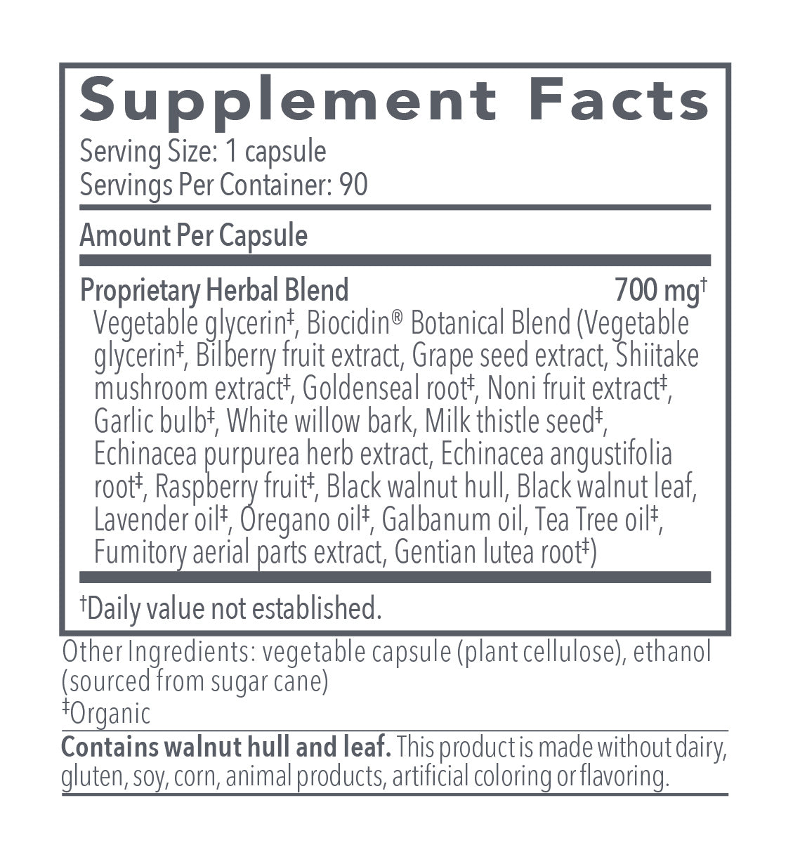 Biocidin® Broad-Spectrum Liquid Capsules with 18 organic botanical extracts for gut health support, detoxification, and improved vitality, featuring a label design showcasing key benefits.