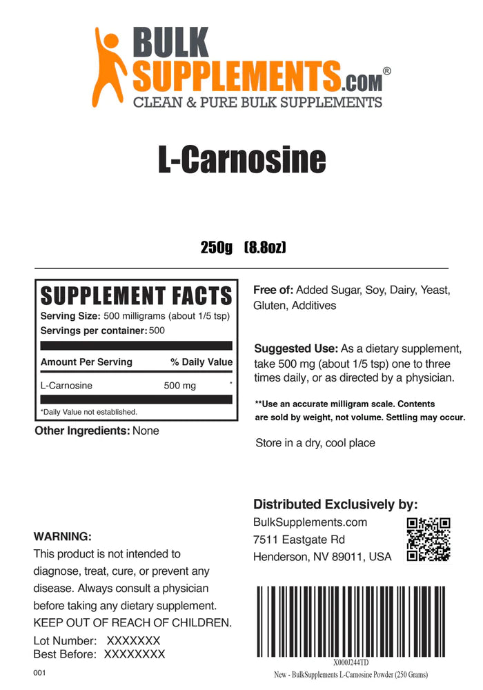 L-Carnosine powder supplement known for its purity and formulation consistency, promoting muscle recovery, enhancing exercise performance, and boosting cognitive function.