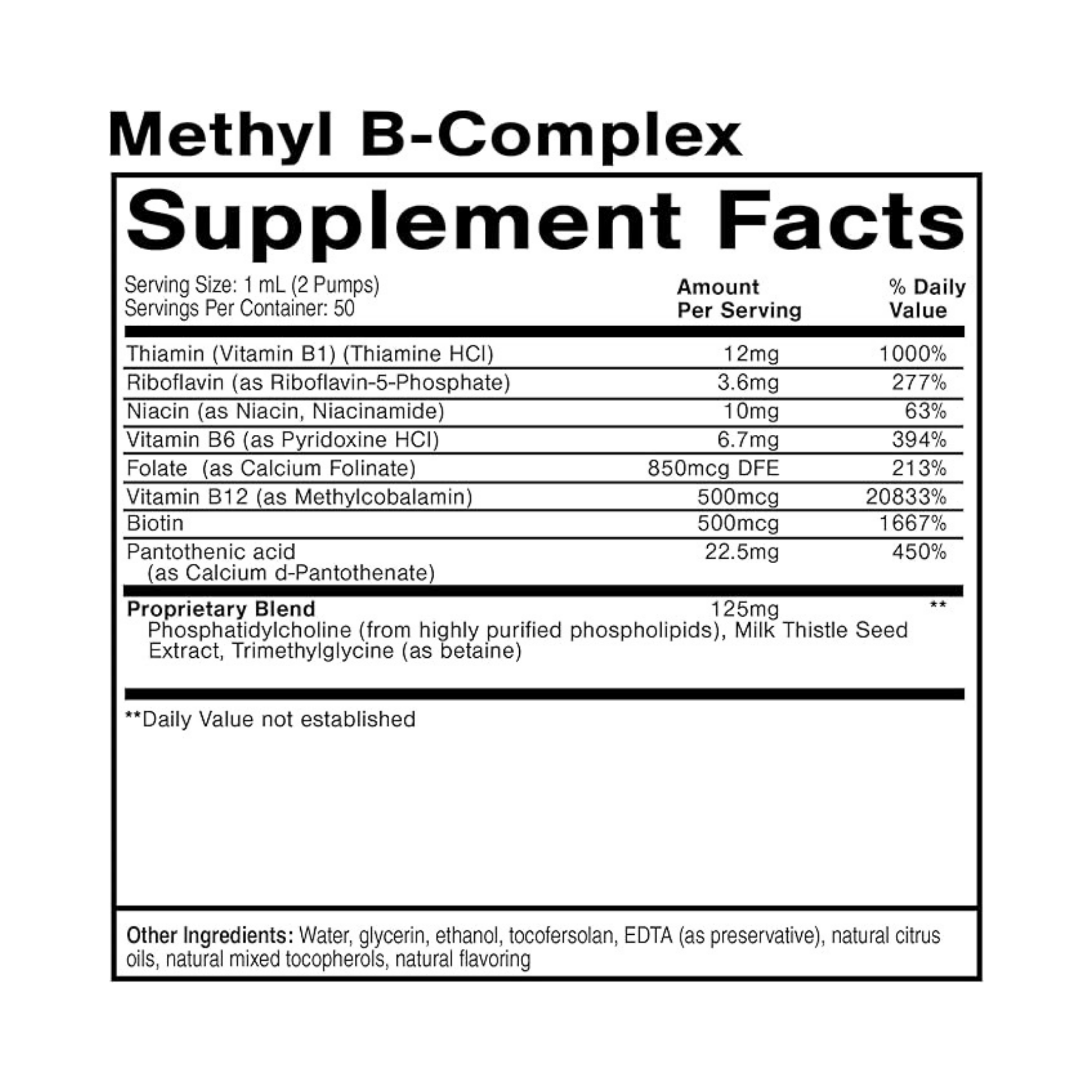 Methyl B-Complex dietary supplement featuring essential B vitamins for energy, immune support, and cognitive function, presented in a pump bottle.