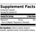 Supplement facts for Mag Threonate Pro, featuring magnesium threonate for improved brain health and relaxation