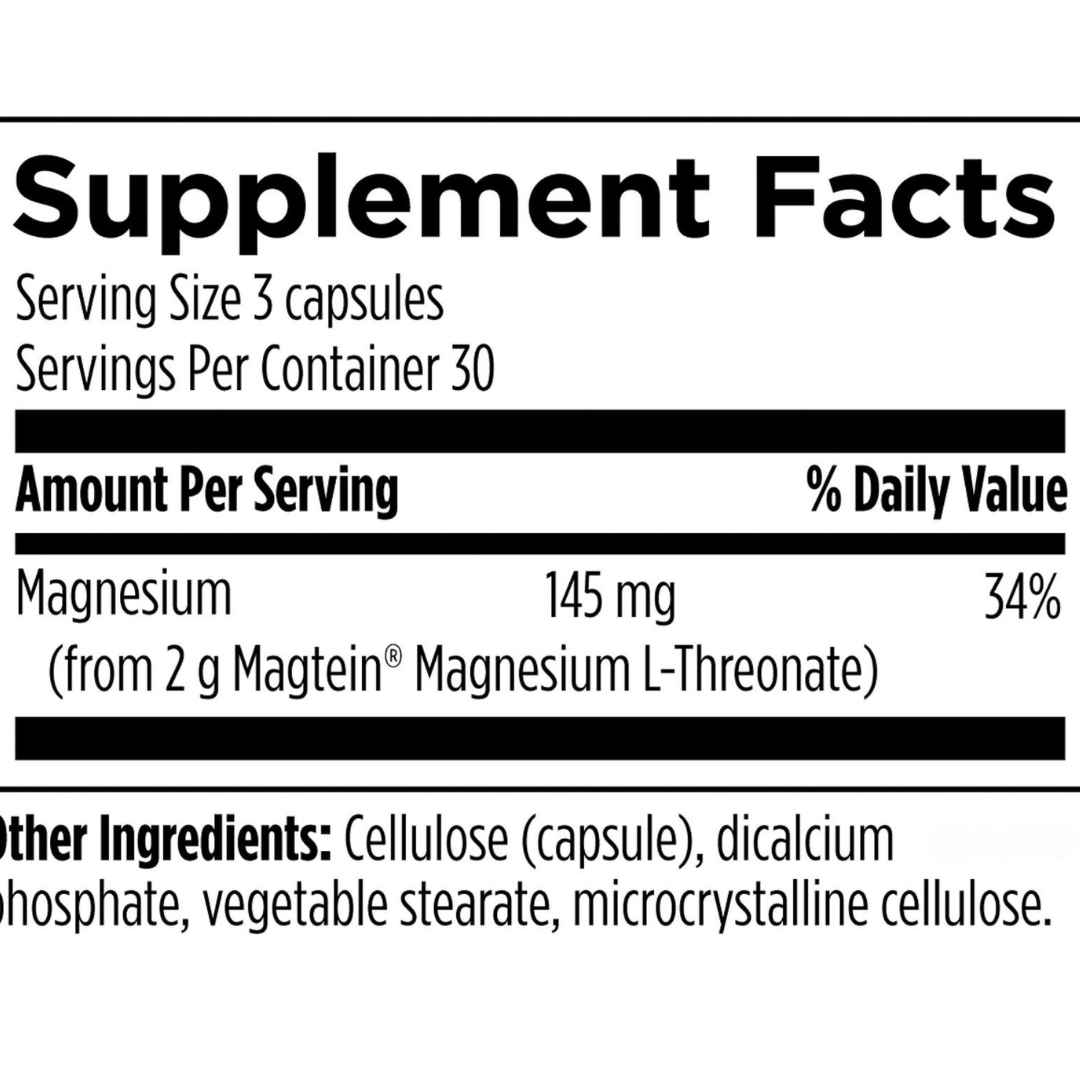 Supplement facts for Mag Threonate Pro, featuring magnesium threonate for improved brain health and relaxation