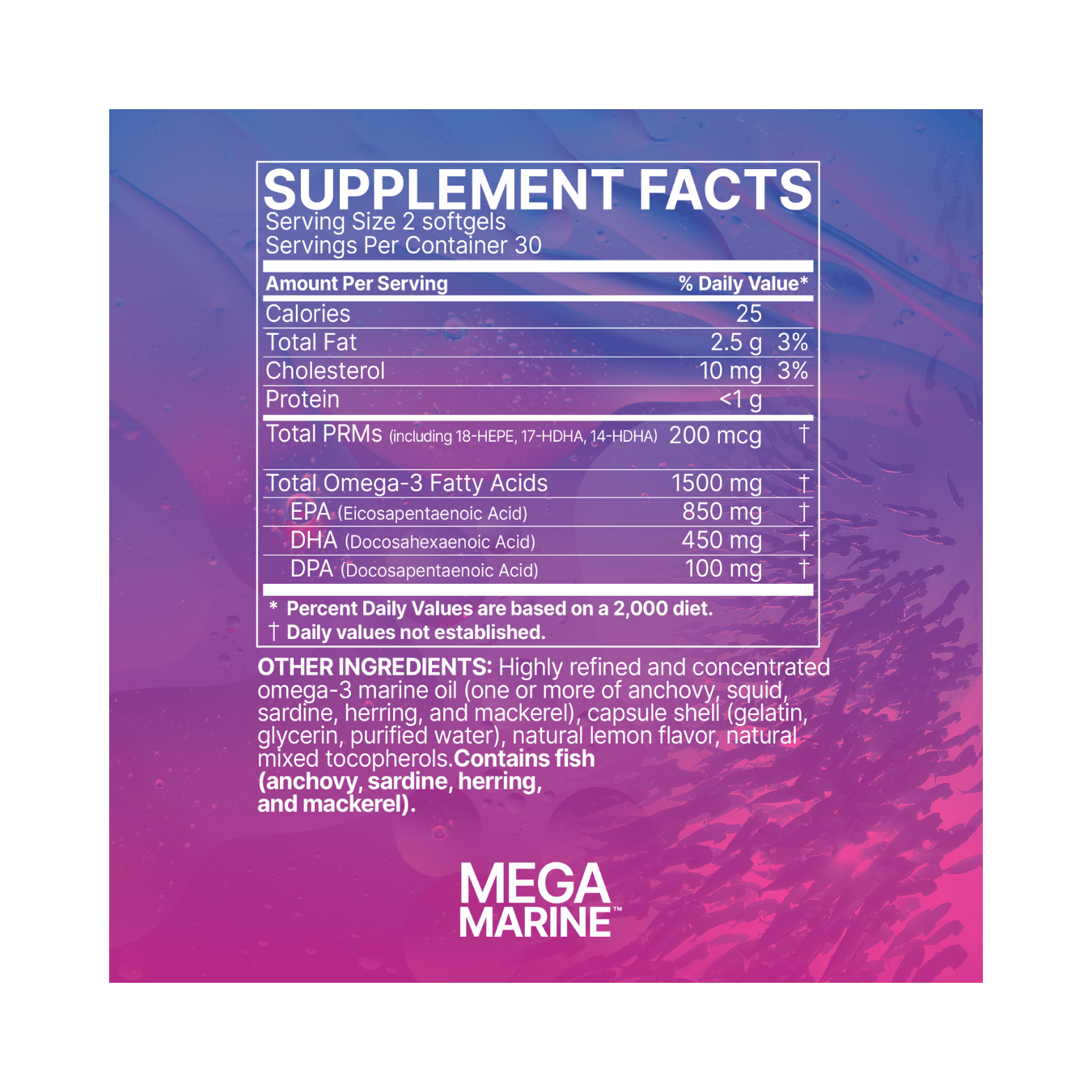 Supplement facts for MegaMarine, showcasing the key ingredients and dosage per serving.