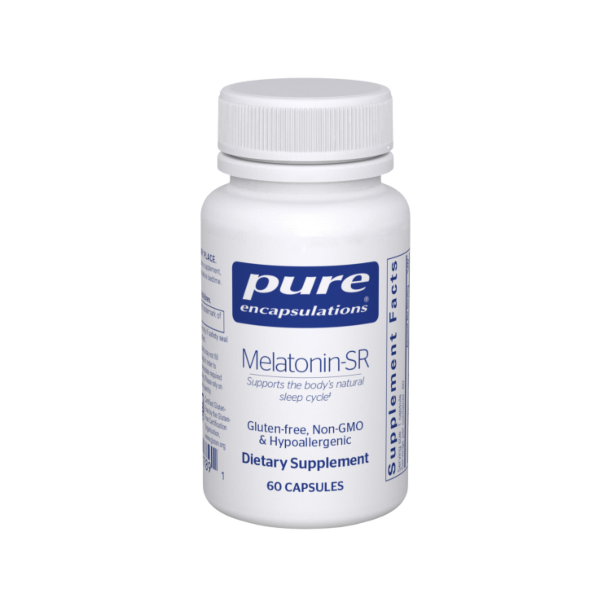 Melatonin-SR supplement bottle, a sustained-release formula designed to promote restful sleep, improve sleep quality, and regulate sleep cycles with melatonin.