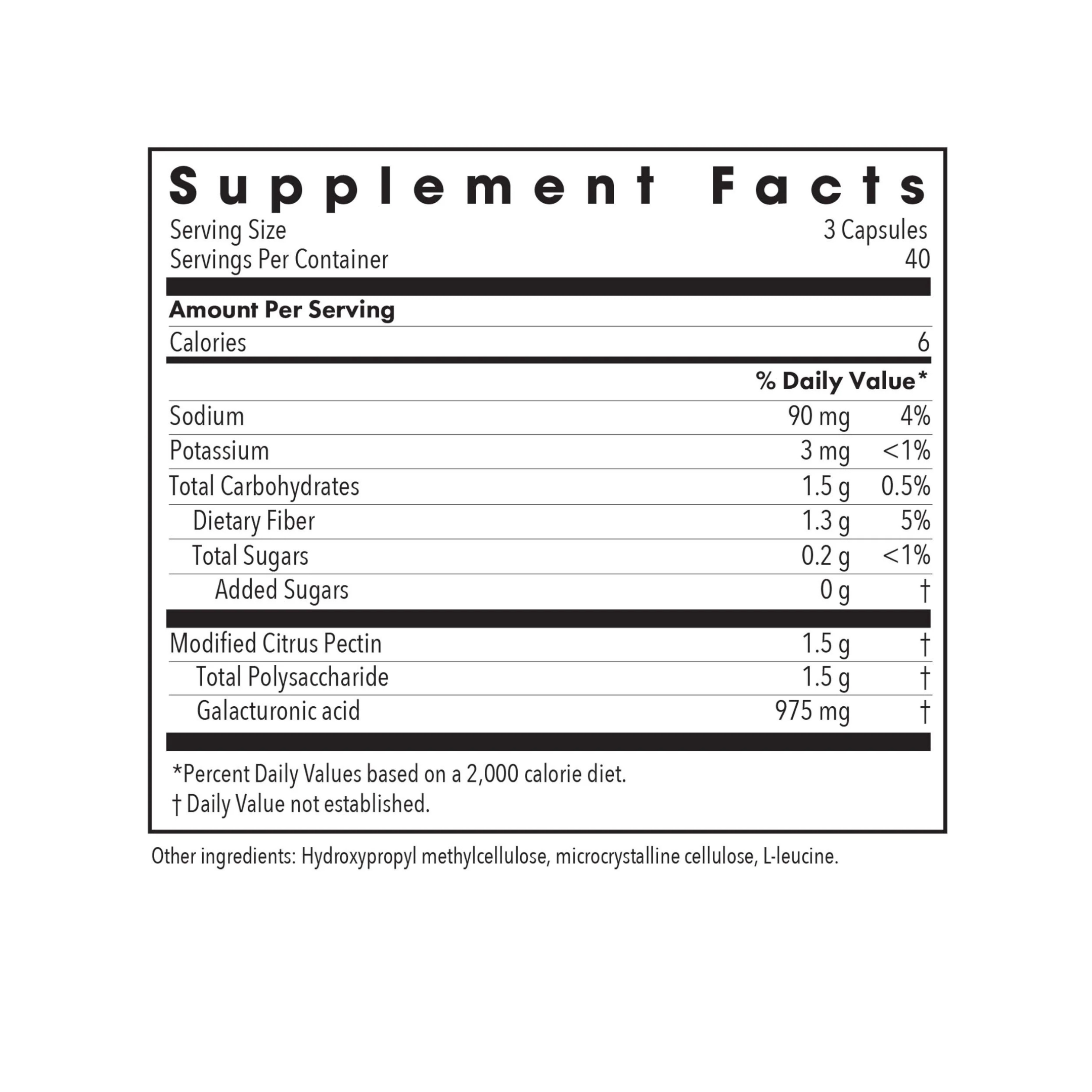 Modified Citrus Pectin dietary supplement, featuring 1.5g of pectin per serving in a 40-serving bottle. Promotes health and wellness, with a proprietary process for reduced molecular weight. Ideal for those on a sodium-restricted diet.
