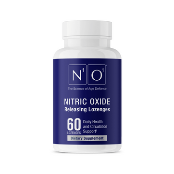 N1O1 Nitric Oxide Lozenges bottle - 60 count, dietary supplement for enhanced oxygen and nutrient delivery, supports cardiovascular health, healthy blood circulation, and cognitive function.