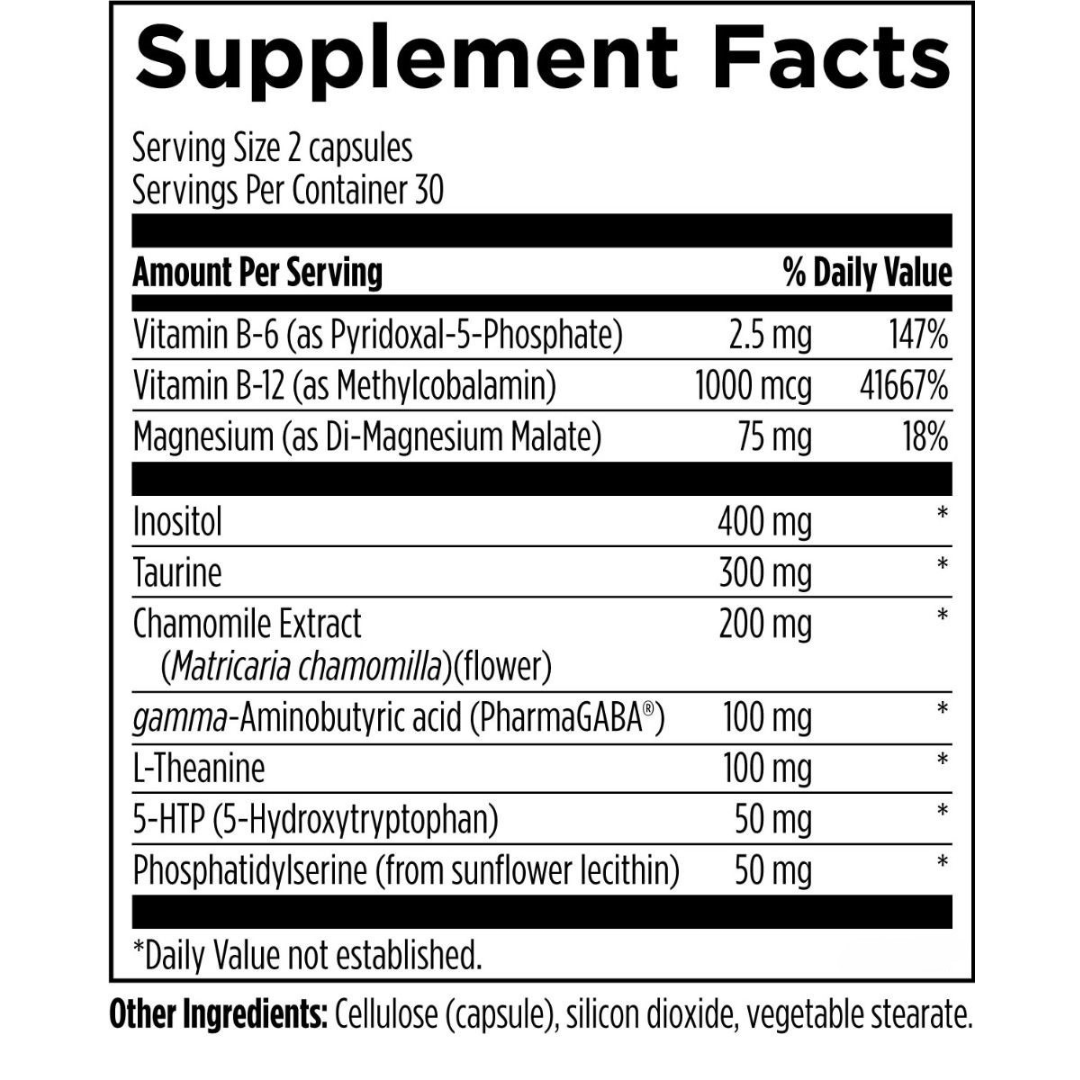 Supplement facts for Neuro Relax, featuring ingredients to support stress reduction and mental calmness