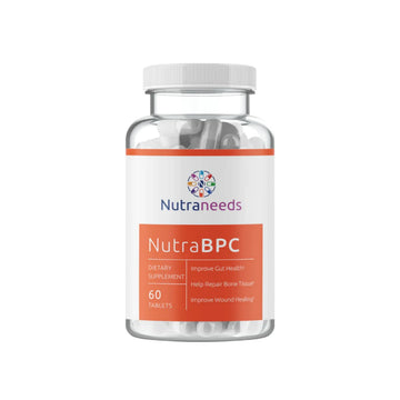 NutraBPC dietary supplement bottle featuring BPC-157 for enhanced healing and gut health, containing veggie capsules.