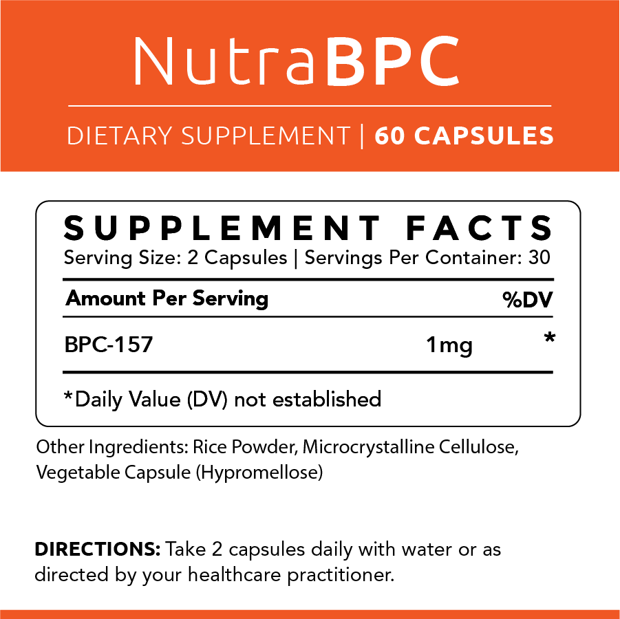 NutraBPC dietary supplement bottle featuring BPC-157 for enhanced healing and gut health, containing veggie capsules.