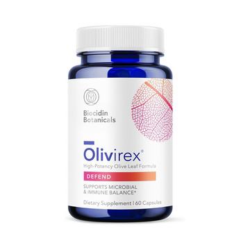 Olivirex® Olive Leaf Extract supplement bottle with capsules designed to support immune function, detoxification, and seasonal wellness.