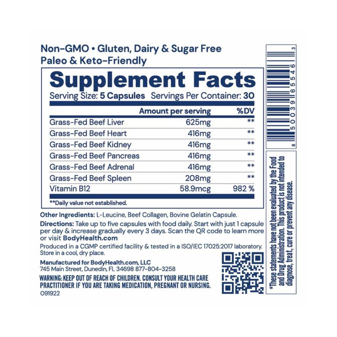 Organ + supplement capsules containing 6 power-packed superfoods from grass-fed, pasture-raised bovine organs – supports energy, immune function, blood flow, heart and brain health. Made in the USA, third-party tested for purity and quality.