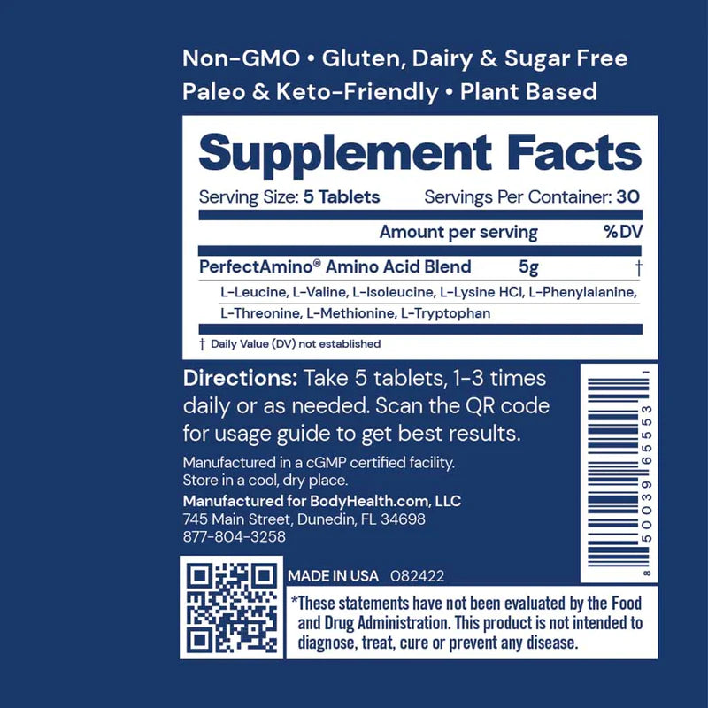 Perfect Amino™ dietary supplement featuring pure essential amino acids for maximum protein synthesis, enhanced with Nucleic Acid building blocks to support genetic health, performance, and muscle recovery.