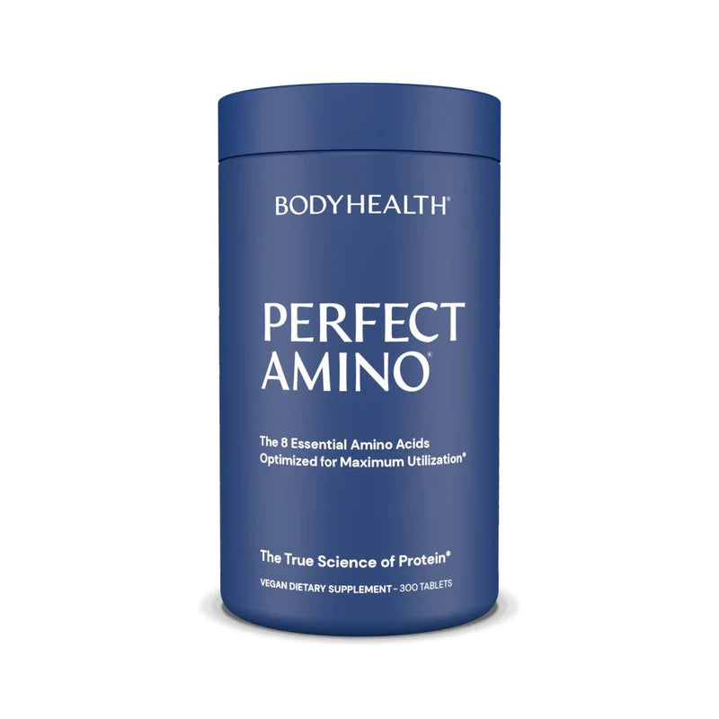 Perfect Amino™ dietary supplement featuring pure essential amino acids for maximum protein synthesis, enhanced with Nucleic Acid building blocks to support genetic health, performance, and muscle recovery.