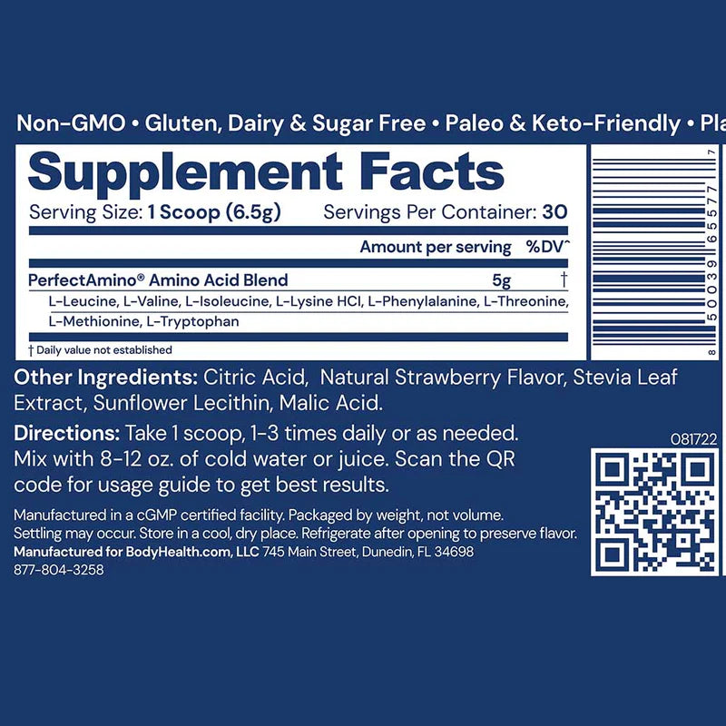 Perfect Amino™ dietary supplement featuring pure essential amino acids for up to 99% utilization in muscle and collagen synthesis, enhanced with Nucleic Acid building blocks for genetic health, free from artificial sweeteners and allergens.