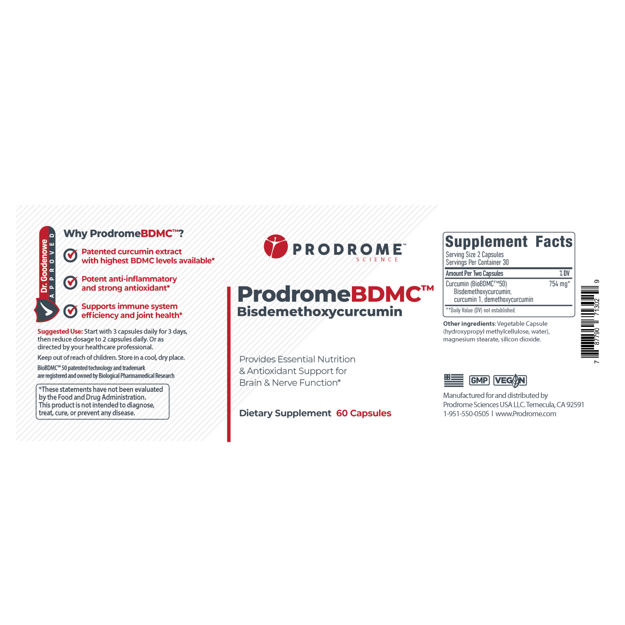 Prodrome BDMC (GTA) 60 Capsules Supplement Facts with Key Ingredients and Dosage Information