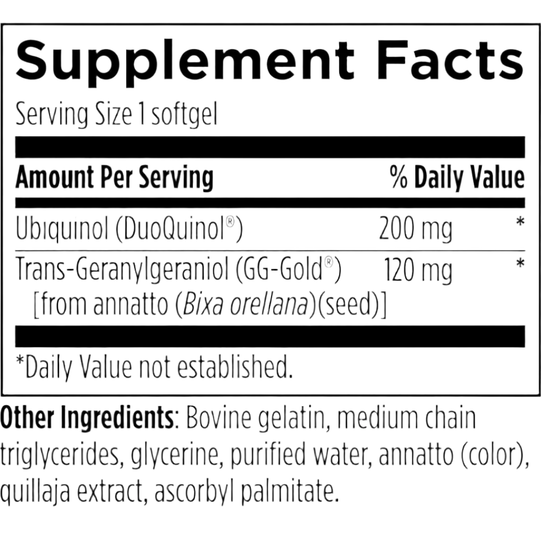 Supplement facts for PureQ10 200, a CoQ10 supplement for heart health and energy.