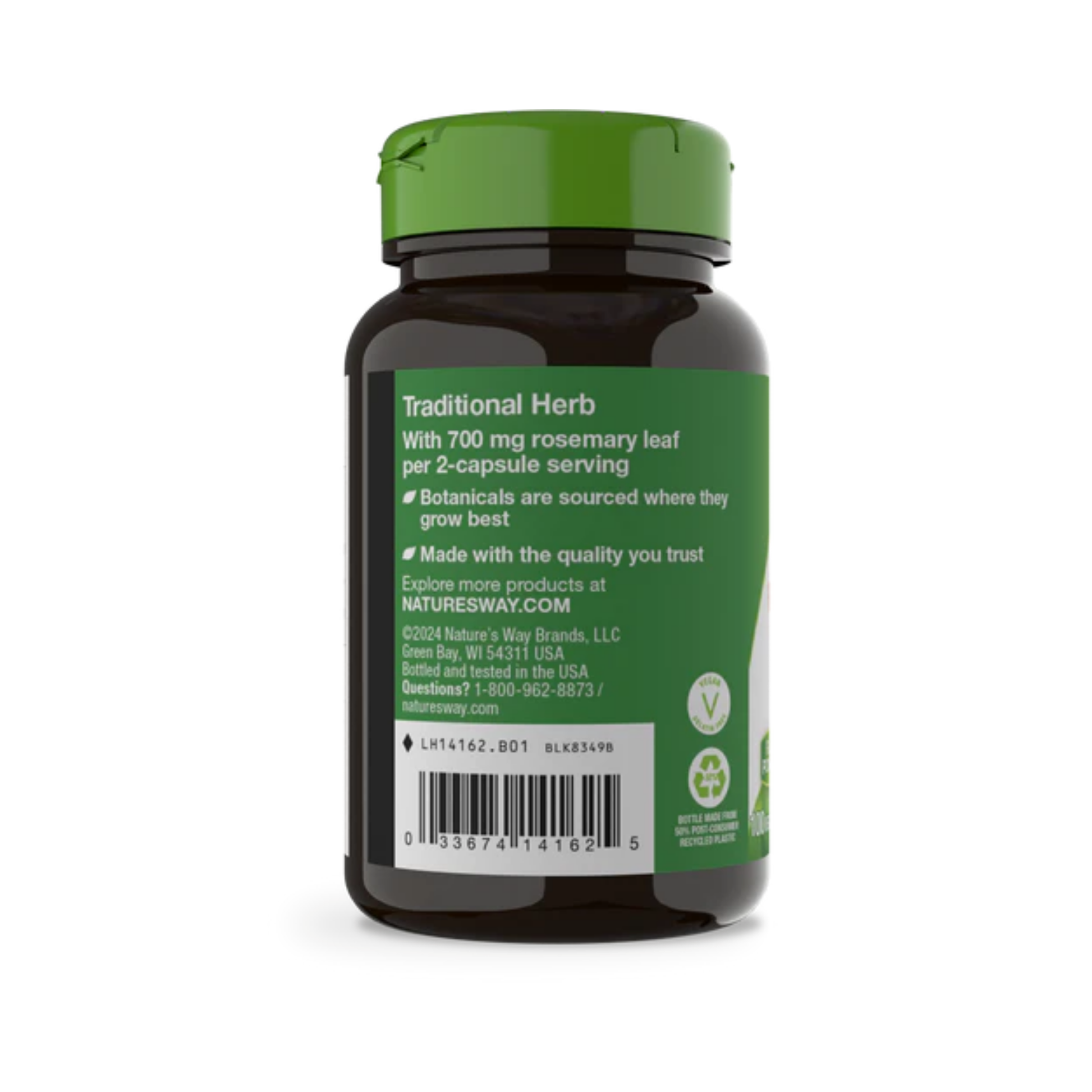 Rosemary Leaves 100 capsules, providing 700mg of rosemary per serving, traditionally used to support memory and clarity of thought, free from sugar, gluten, and artificial additives.