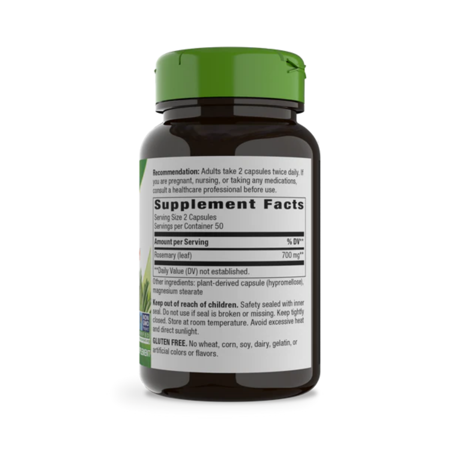 Rosemary Leaves 100 capsules, providing 700mg of rosemary per serving, traditionally used to support memory and clarity of thought, free from sugar, gluten, and artificial additives.