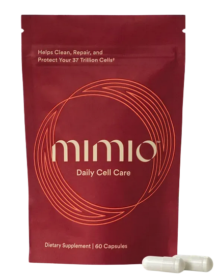 Mimio biomimetic longevity supplement capsules, designed to activate the body's natural restorative systems for reduced appetite, optimized metabolism, improved mood, and enhanced performance. Contains niacin, palmitoylethanolamide, oleoylethanolamide, and spermidine.