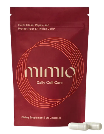 Mimio biomimetic longevity supplement capsules, designed to activate the body's natural restorative systems for reduced appetite, optimized metabolism, improved mood, and enhanced performance. Contains niacin, palmitoylethanolamide, oleoylethanolamide, and spermidine.