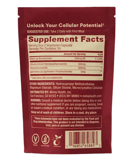 Mimio biomimetic longevity supplement capsules, designed to activate the body's natural restorative systems for reduced appetite, optimized metabolism, improved mood, and enhanced performance. Contains niacin, palmitoylethanolamide, oleoylethanolamide, and spermidine.