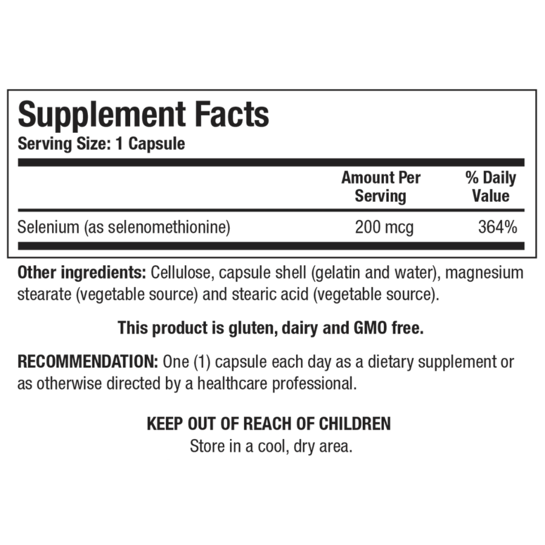 Supplement facts for Selenium, an essential mineral for immune health and antioxidant protection.