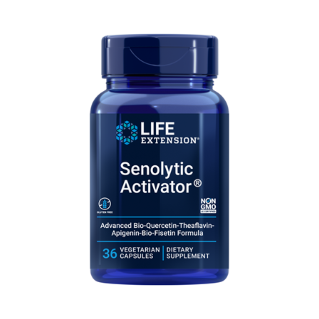 High-quality bottle of Senolytic Activator supplement containing 36 capsules, formulated to support healthy aging, cellular regeneration, and longevity through advanced senolytic ingredients designed to help clear senescent cells and promote overall vitality.