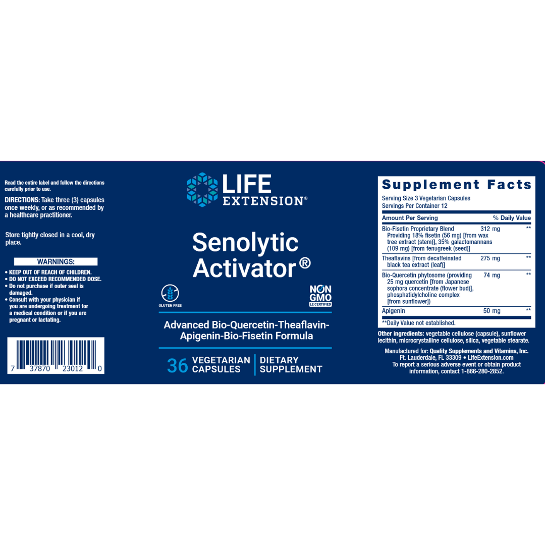 High-quality bottle of Senolytic Activator supplement containing 36 capsules, formulated to support healthy aging, cellular regeneration, and longevity through advanced senolytic ingredients designed to help clear senescent cells and promote overall vitality.