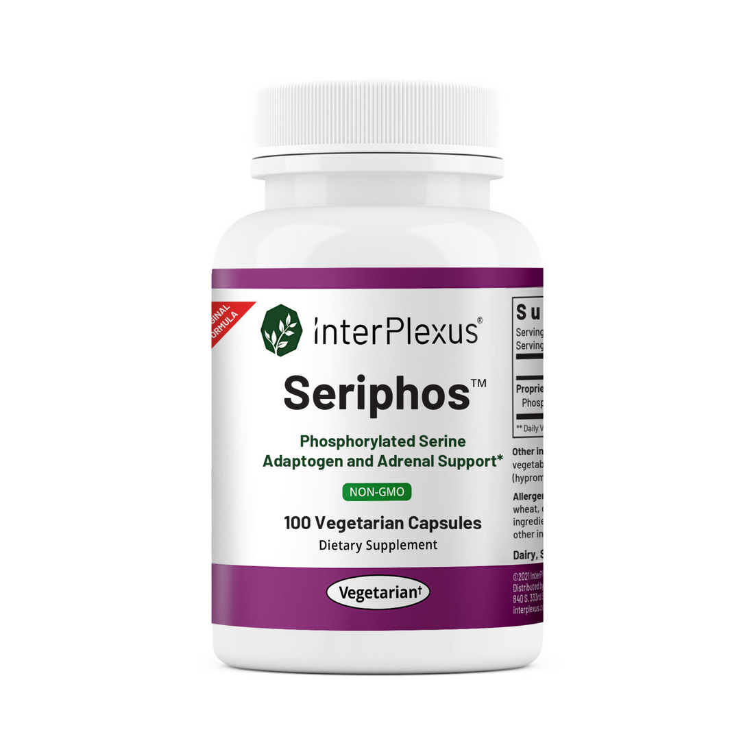 Seriphos supplement bottle, designed to support adrenal health, reduce stress, and promote relaxation with a blend of phosphatidylserine and other calming ingredients.