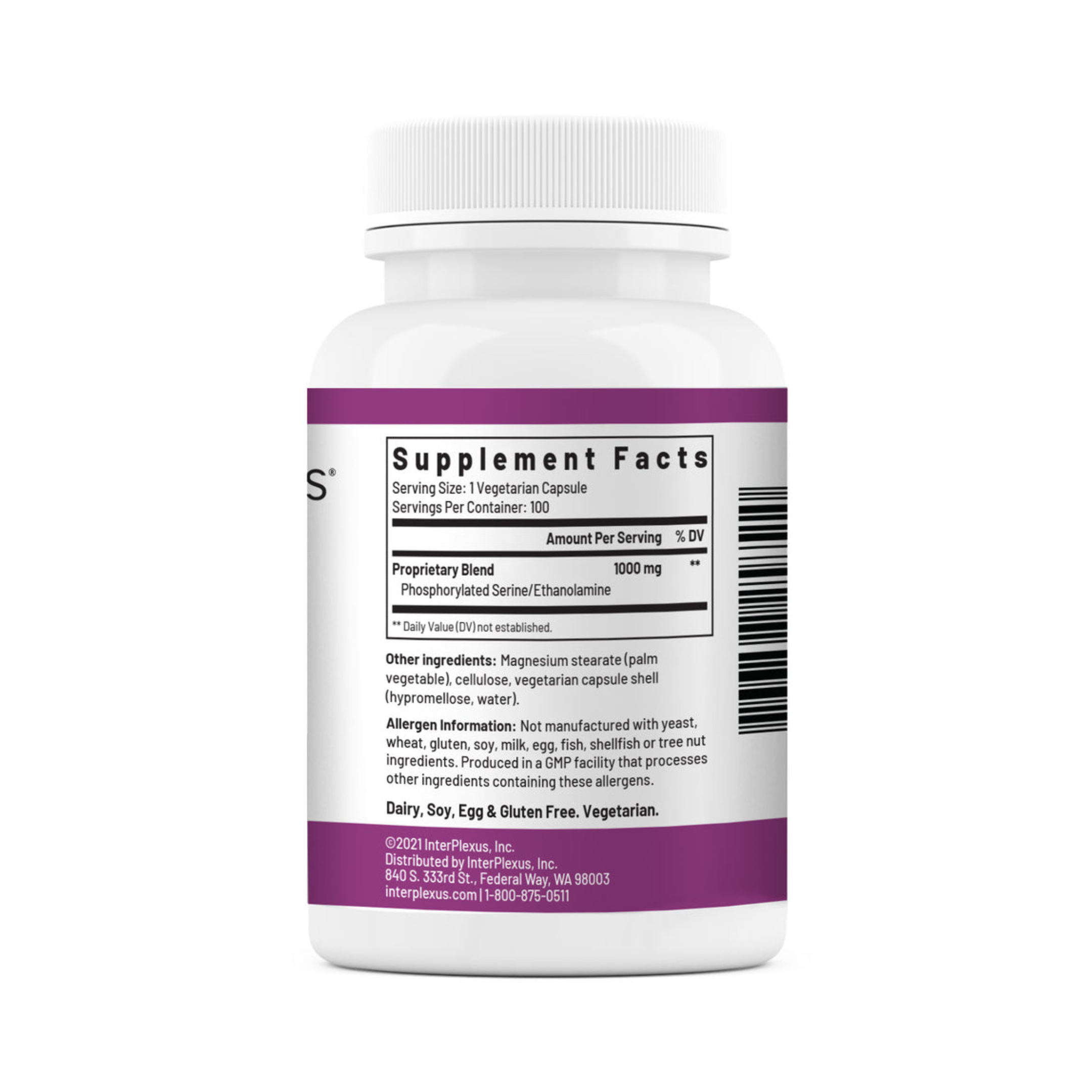 Supplement facts for Seriphos, featuring phosphatidylserine and other nutrients to support stress management, adrenal function, and overall well-being.