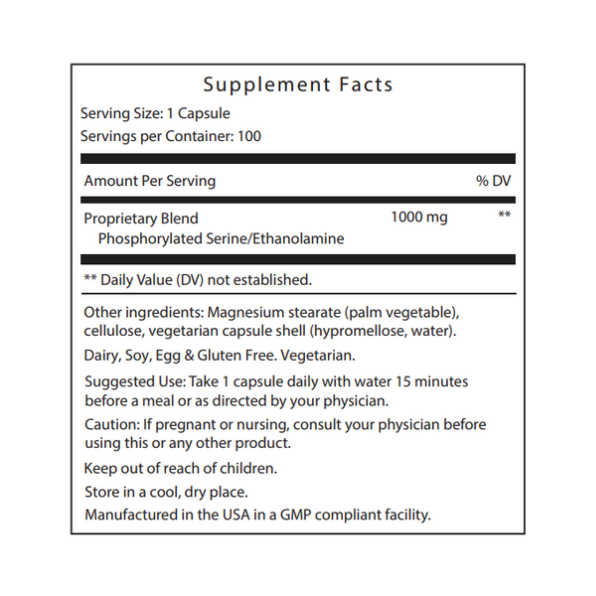 Supplement facts for Seriphos, featuring phosphatidylserine and other nutrients to support stress management, adrenal function, and overall well-being.