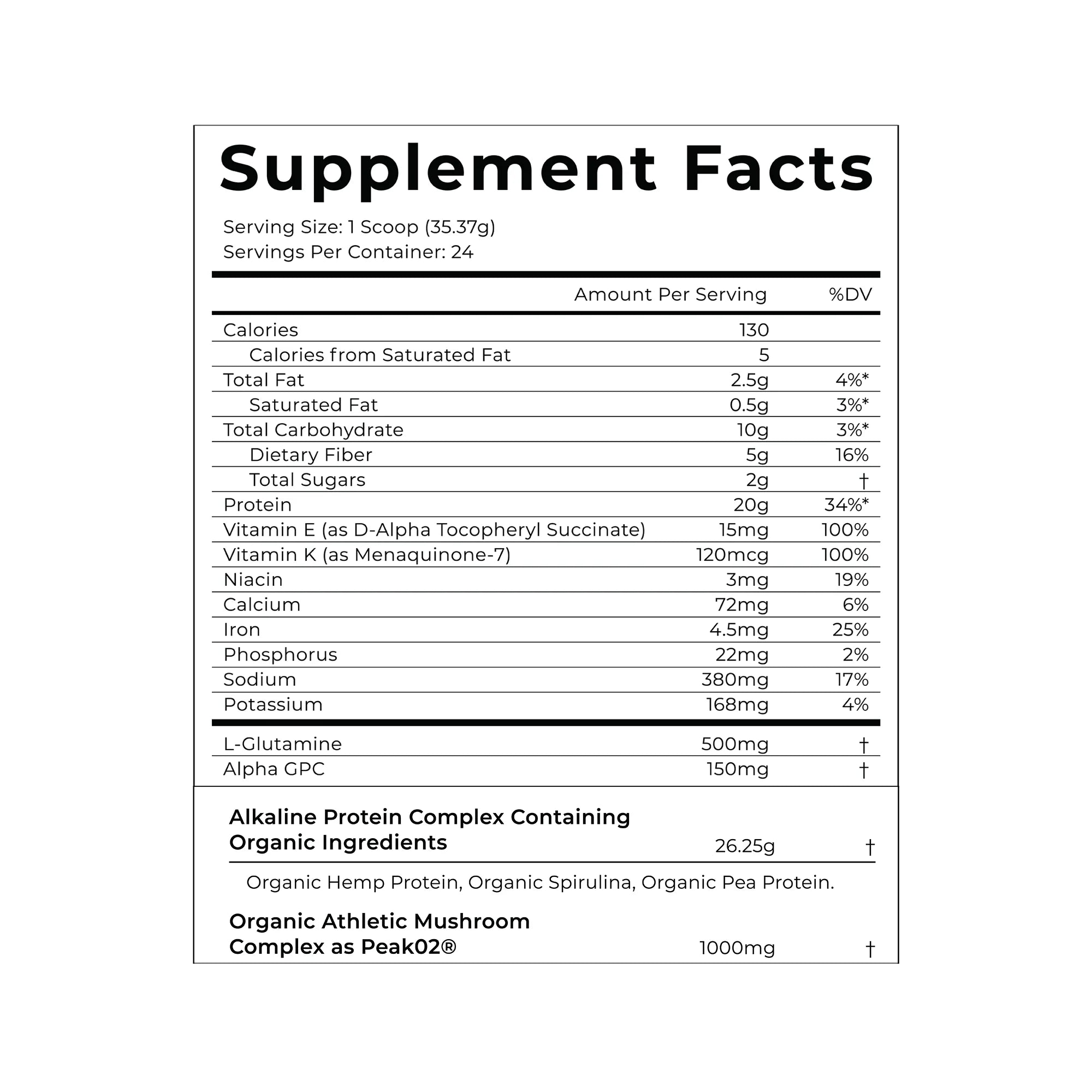 Organic Plant Protein Blend featuring hemp, spirulina, and vanilla pea protein powder. This vegan supplement supports gut health, enhances recovery, and boosts energy with a blend of complete proteins, raw greens, digestive enzymes, and adaptogenic mushrooms. Recommended serving: 1 scoop mixed in cold water or smoothies.