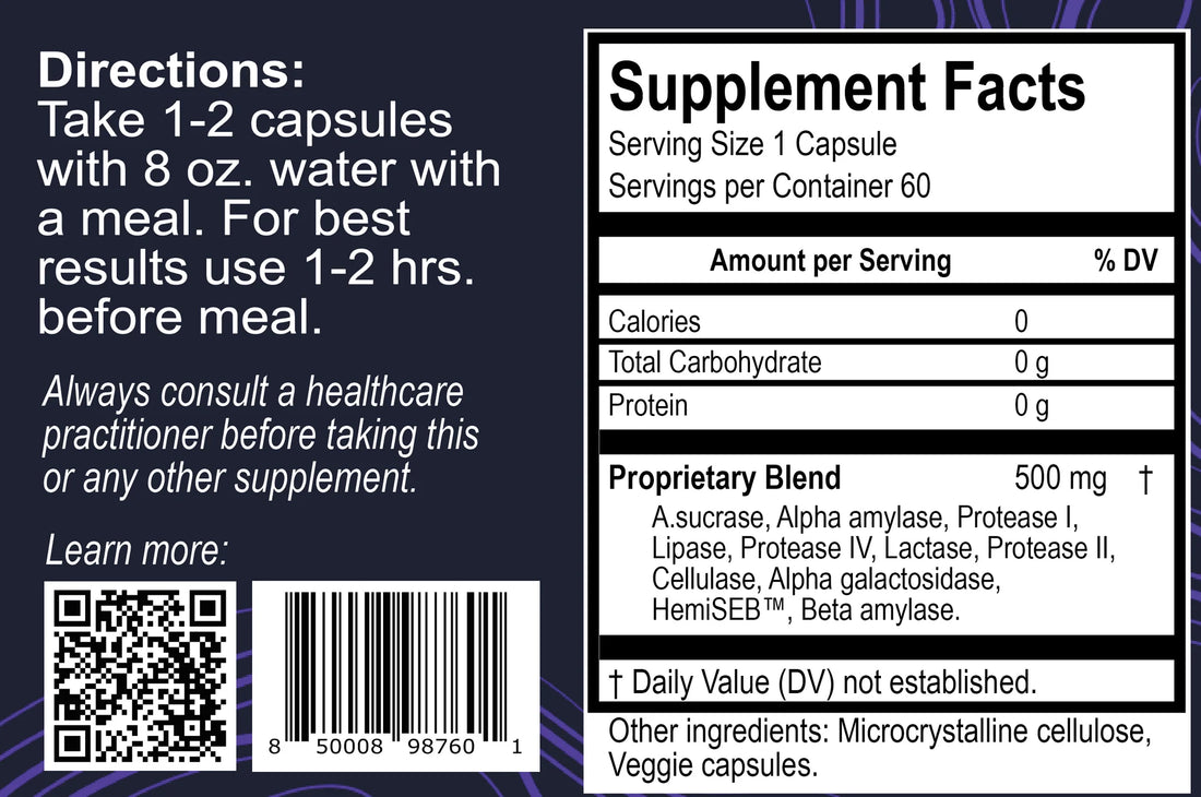 SugR-2-Fibr natural enzyme capsules, 500mg, 60 count, designed to convert glucose from meals to fiber, promoting better gut health and nutrient absorption without side effects, suitable for vegan diets.