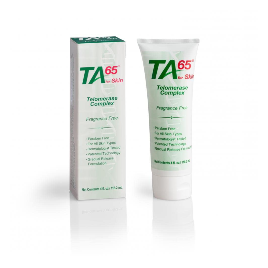 TA-65® for Skin in a sleek, modern tube—designed to support radiant, smooth, and youthful-looking skin.