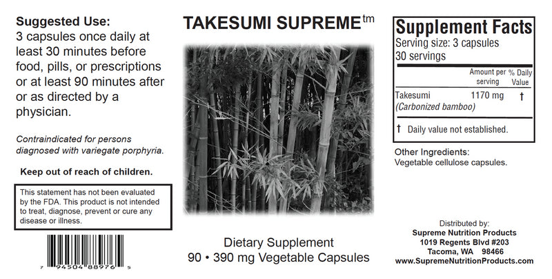 Takesumi Supreme carbonized bamboo capsules, 90 count, designed for detoxification and heavy metal chelation, featuring 390mg of pure carbonized bamboo per capsule.