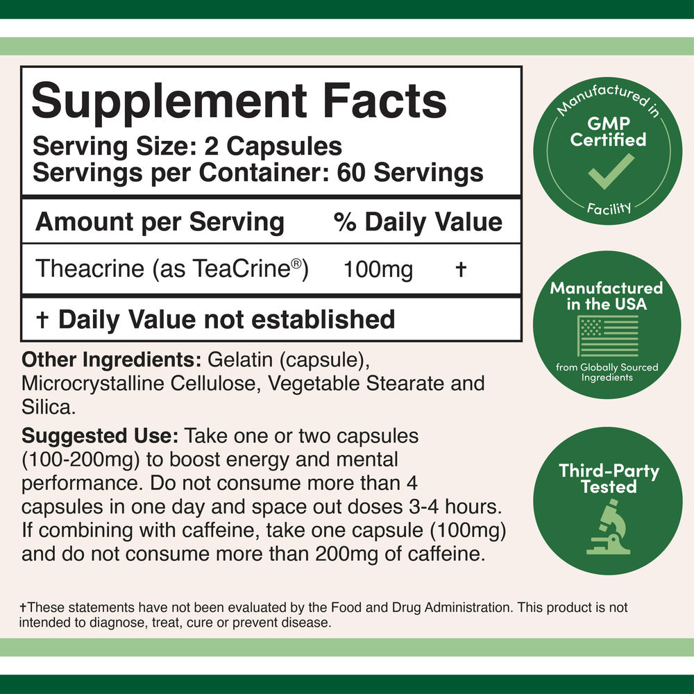 Theacrine 100 mg capsules, 60 count, designed for energy and focus support, featuring slow tolerance buildup compared to caffeine, enhancing motivation and concentration.