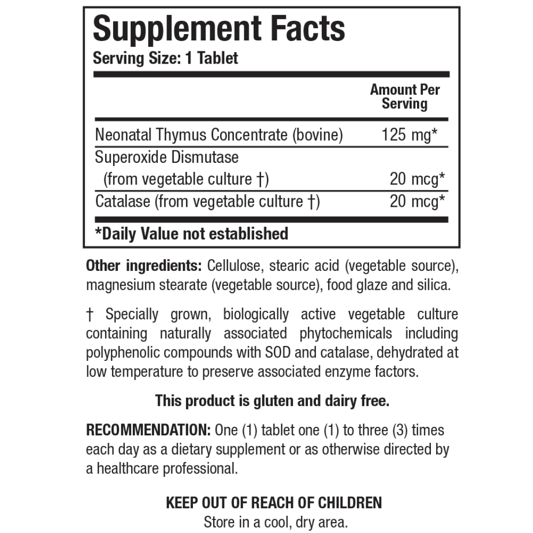 Supplement facts for Thymus Support, a dietary supplement designed to support immune health and thymus function.