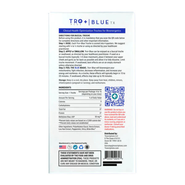 Tro+ Blue™ practitioner-exclusive troche. Contains 50mg Methylene Blue. High-performance antioxidant booster and energizing catalyst for elite health armor and physiological resilience.