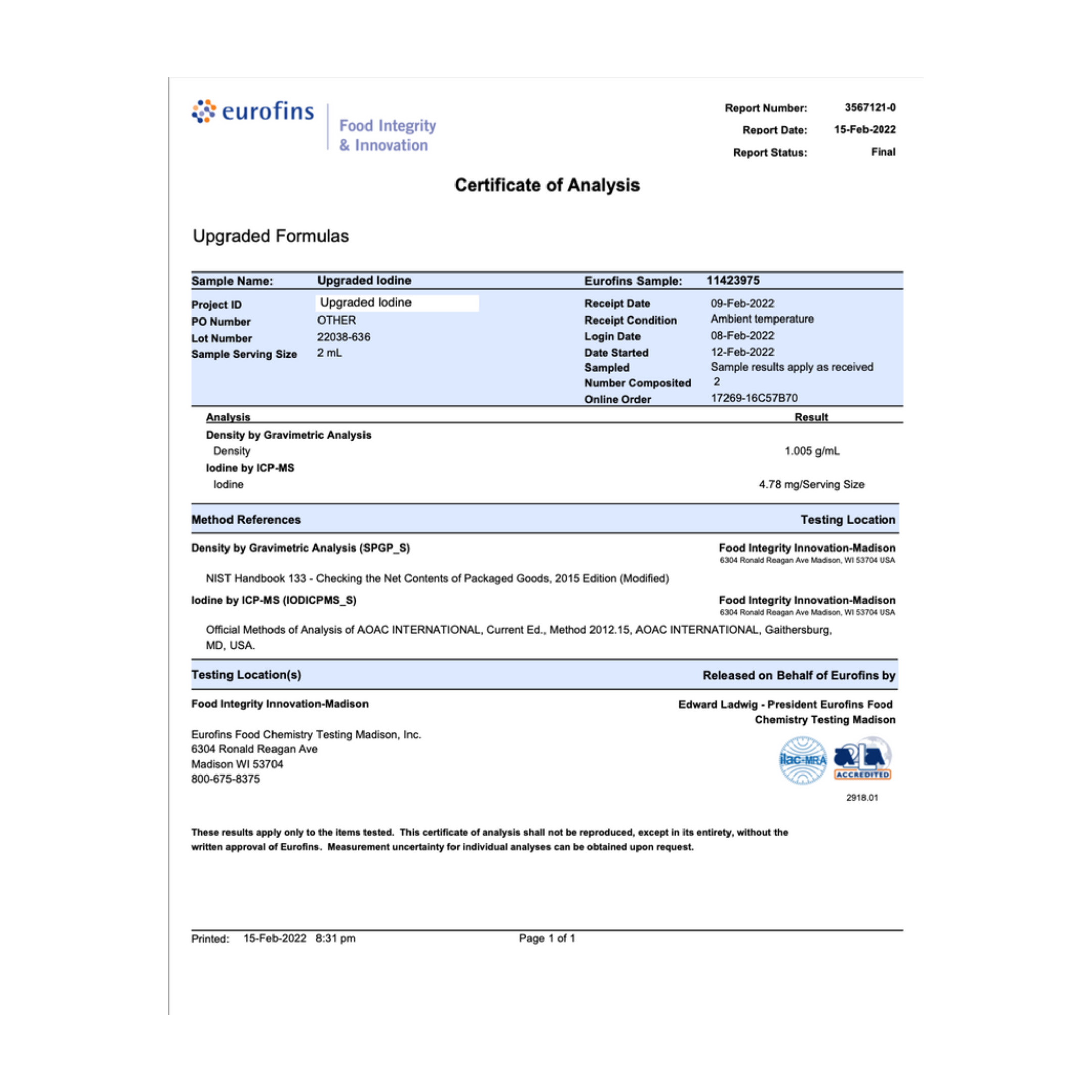 Certificate of analysis for Upgraded Iodine, detailing product purity and quality assurance.