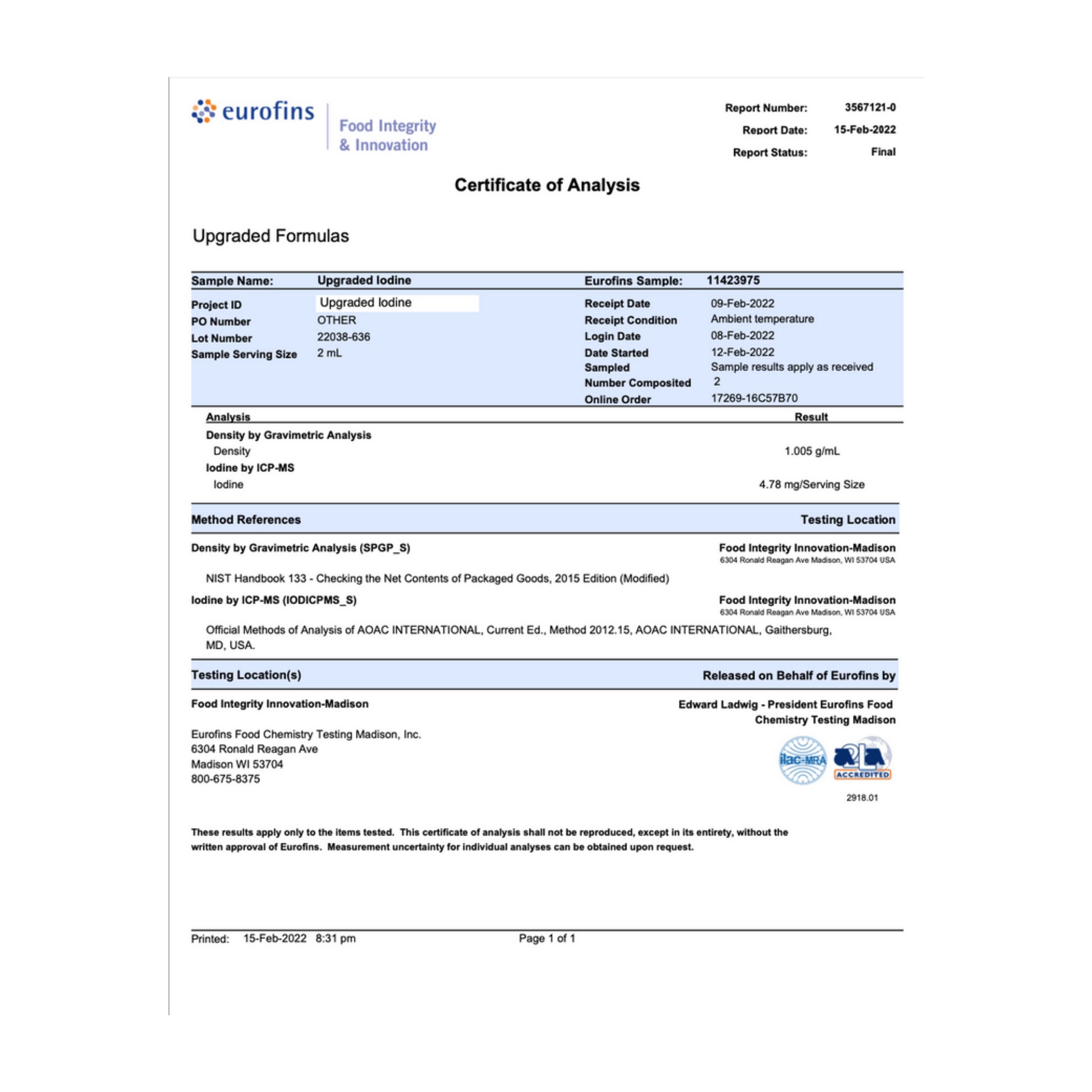 Certificate of analysis for Upgraded Iodine, detailing product purity and quality assurance.