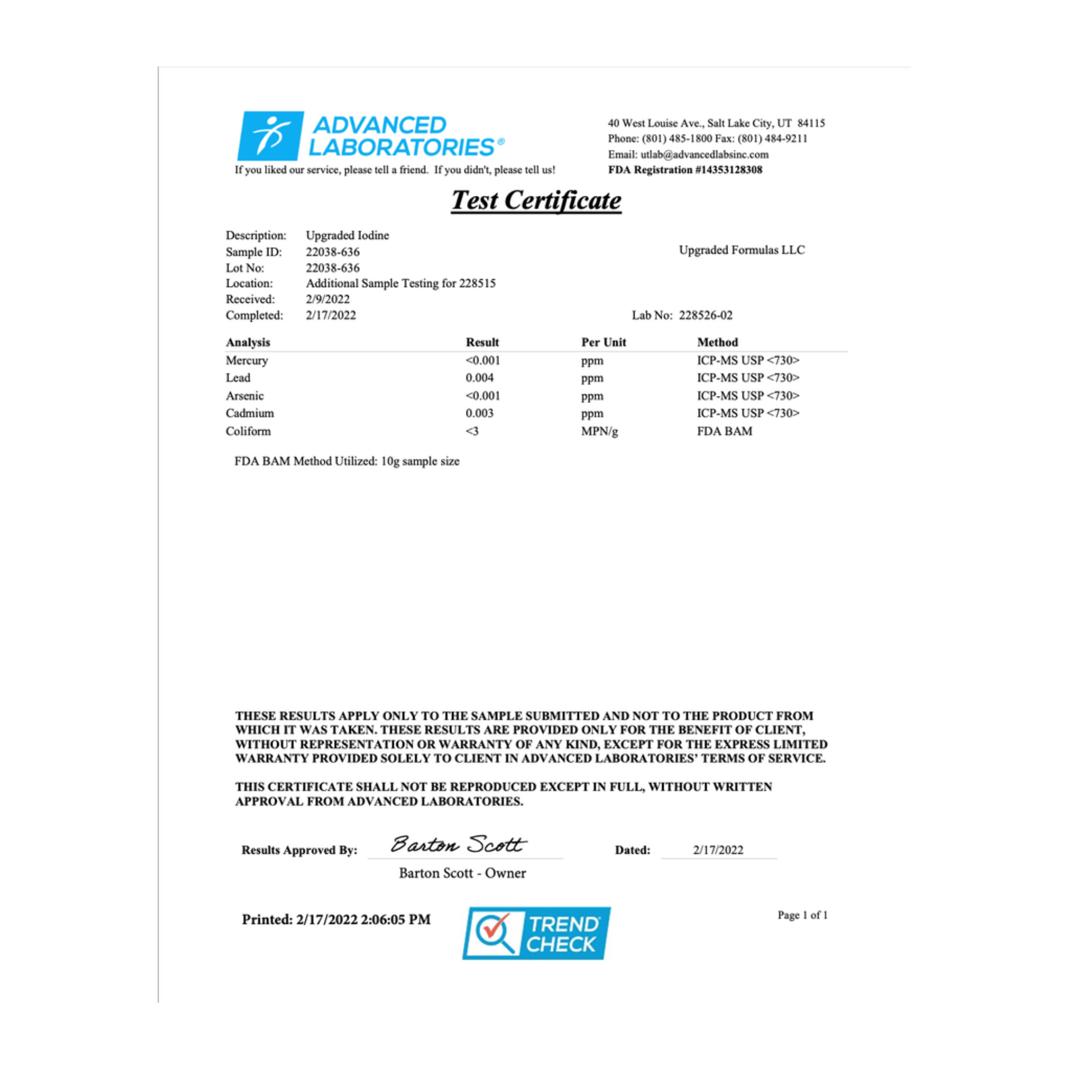 Upgraded Iodine test certificate, verifying product quality and compliance with safety standards.