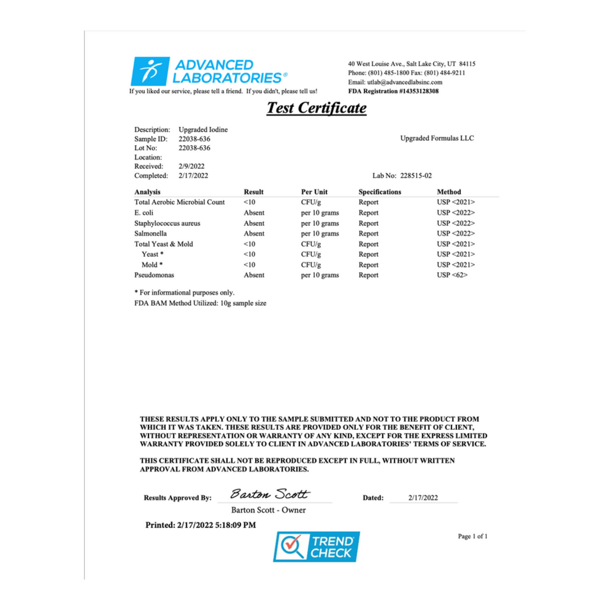 Upgraded Iodine test certificate, confirming product quality and safety standards.