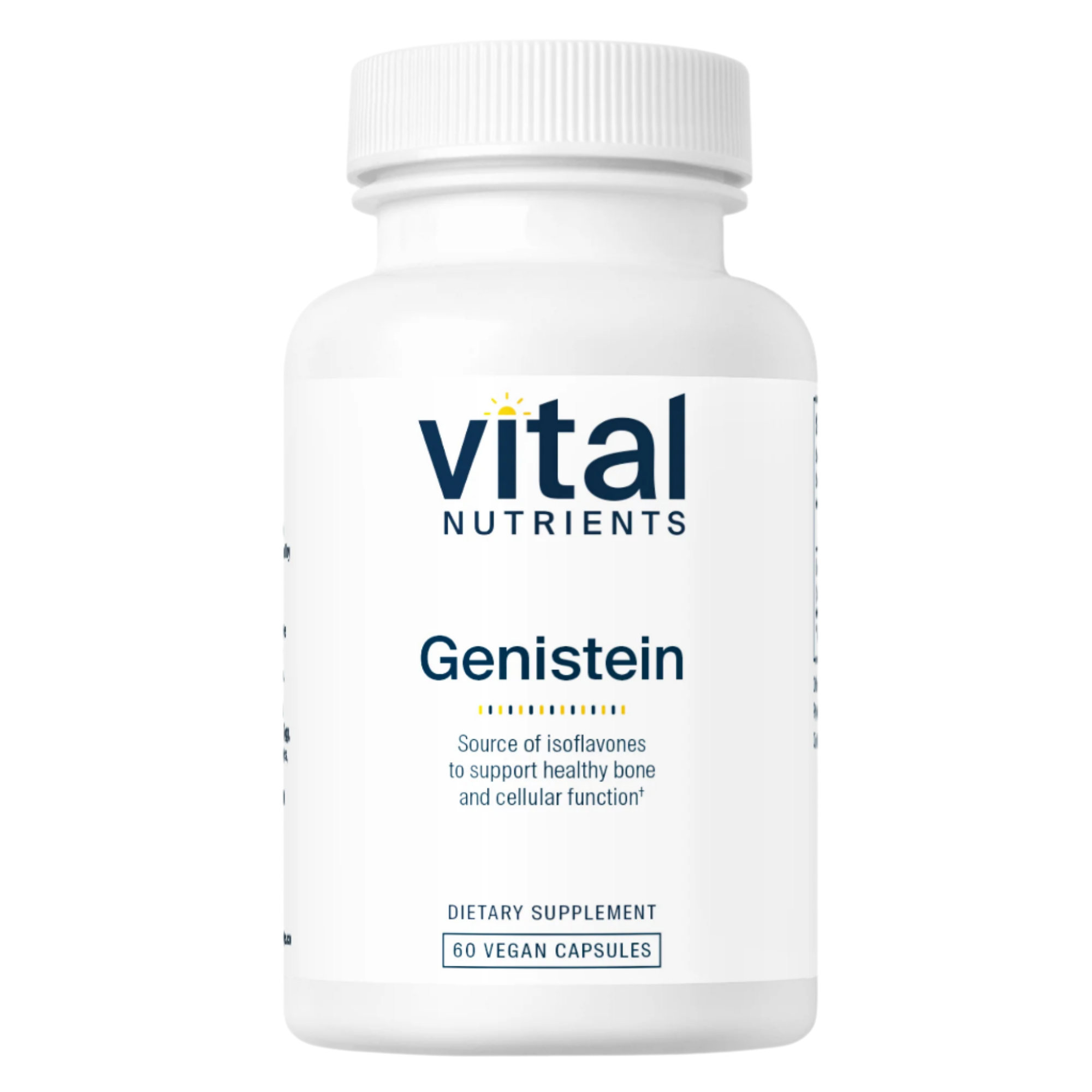 Genistein dietary supplement featuring 250mg of bioavailable isoflavones per serving, designed to support normal cell function, immune health, and bone marrow vitality. This product contains no isoflavone glucosides, ensuring enhanced absorption and effectiveness compared to standard soy products.