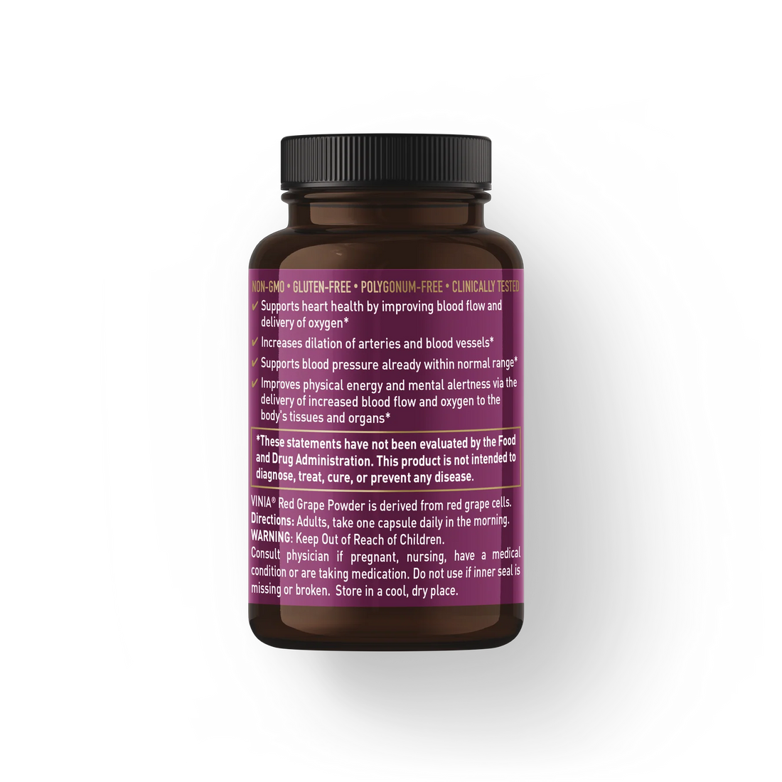 Vinia Piceid Resveratrol 60 capsules featuring rapid absorption technology from red grape cells, designed to enhance blood flow and bioavailability for improved cardiovascular health.