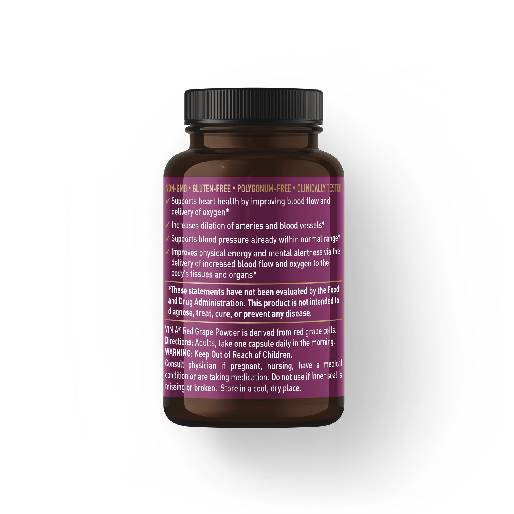 Vinia Piceid Resveratrol 60 capsules featuring rapid absorption technology from red grape cells, designed to enhance blood flow and bioavailability for improved cardiovascular health.