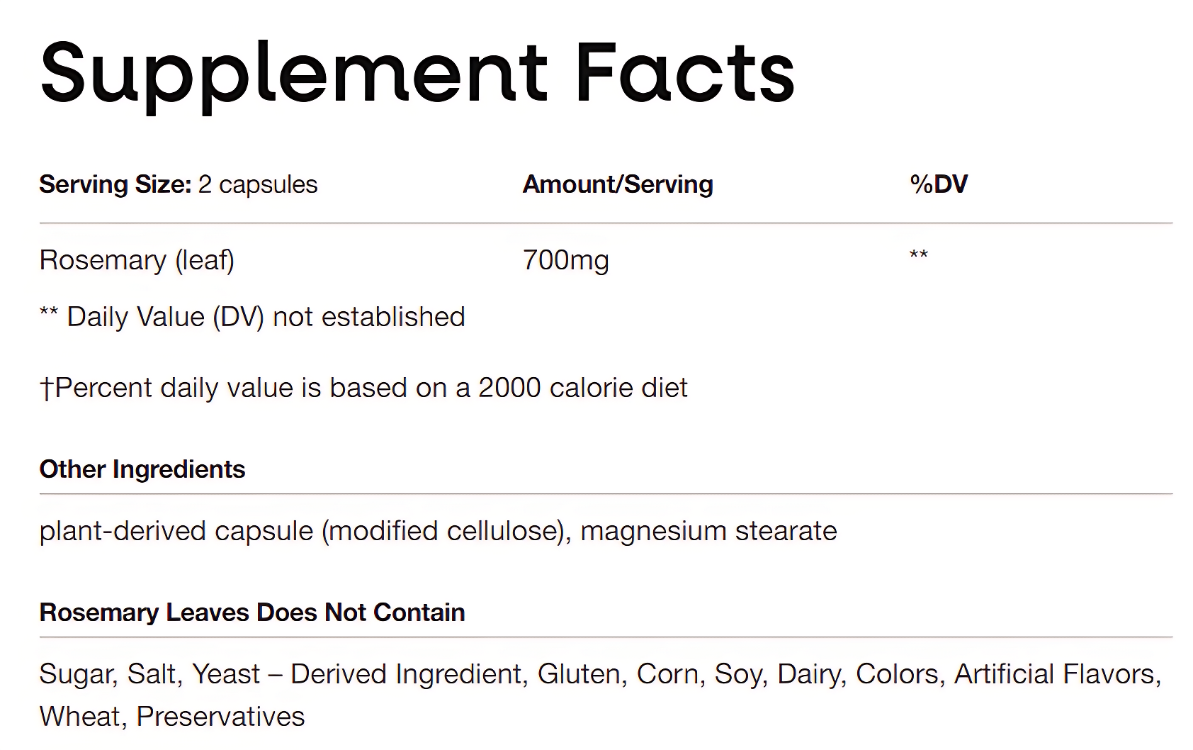 Rosemary Leaves 100 capsules, providing 700mg of rosemary per serving, traditionally used to support memory and clarity of thought, free from sugar, gluten, and artificial additives.